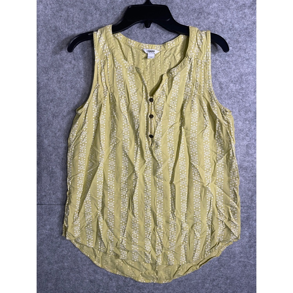 Sonoma Goods for Life Womens‎ Sleeveless Henley Top Yellow Geometric Print XS
